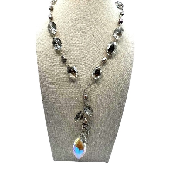 925 Sterling Silver Necklace With Swarovski Crystals & Grey Pearls.  A60 - Picture 1 of 13